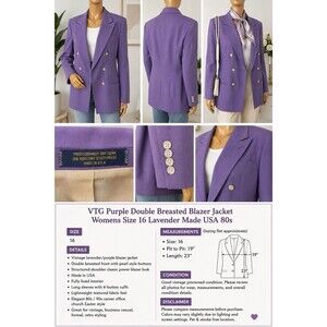 VTG Purple Double Breasted Blazer Jacket Womens Size 16 Lavender Made USA 80 s